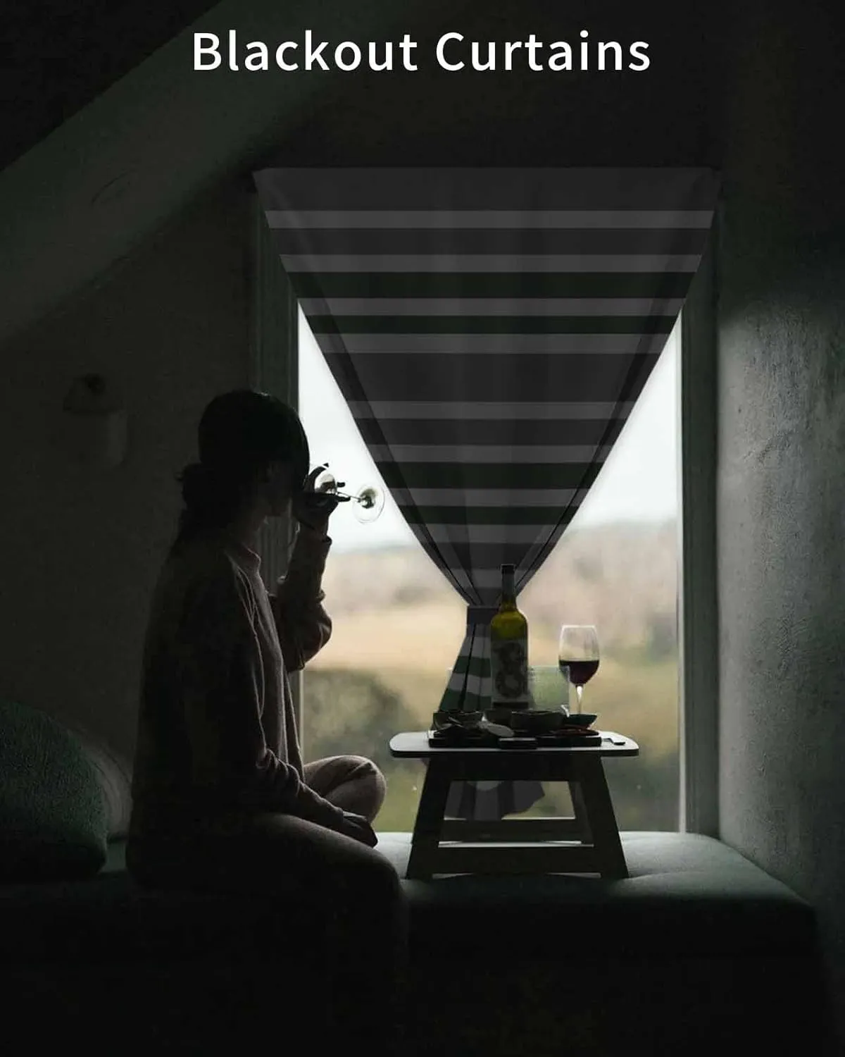 Sage Green Grey Striped Self Adhesive Blackout Curtains with Tiebacks,Portable Rod Pocket Living Room Darkening Curtains,Horizontal Lines Simple Minimalist Thermal Insulated Windows Cover,59Wx72H