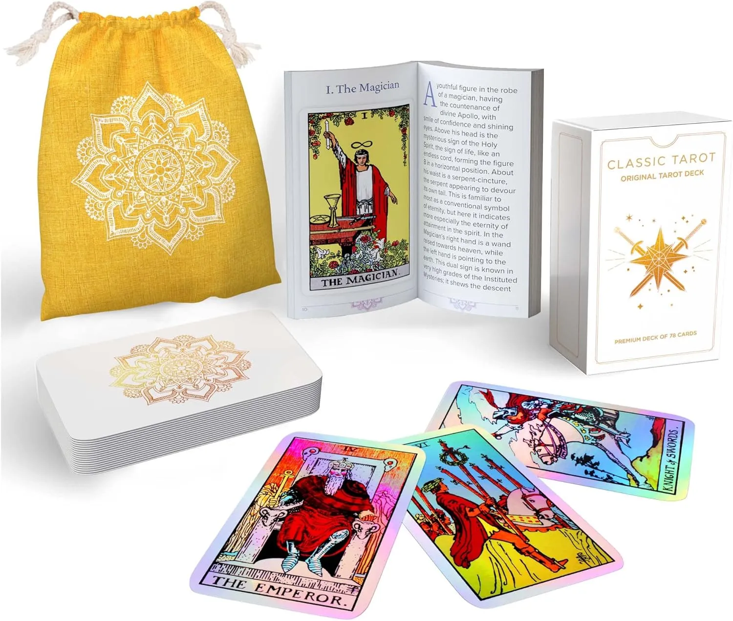 Sagesight Classic Tarot Cards Deck with Guidebook & Premium Linen Carry Bag - Original Pamela Colman Smith Artwork - Tarot Cards for Beginners and Experts (Holographic)