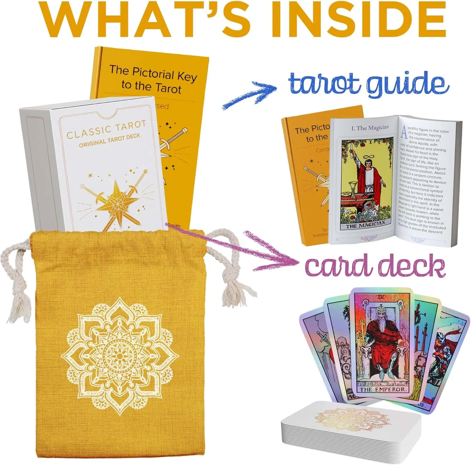 Sagesight Classic Tarot Cards Deck with Guidebook & Premium Linen Carry Bag - Original Pamela Colman Smith Artwork - Tarot Cards for Beginners and Experts (Holographic)