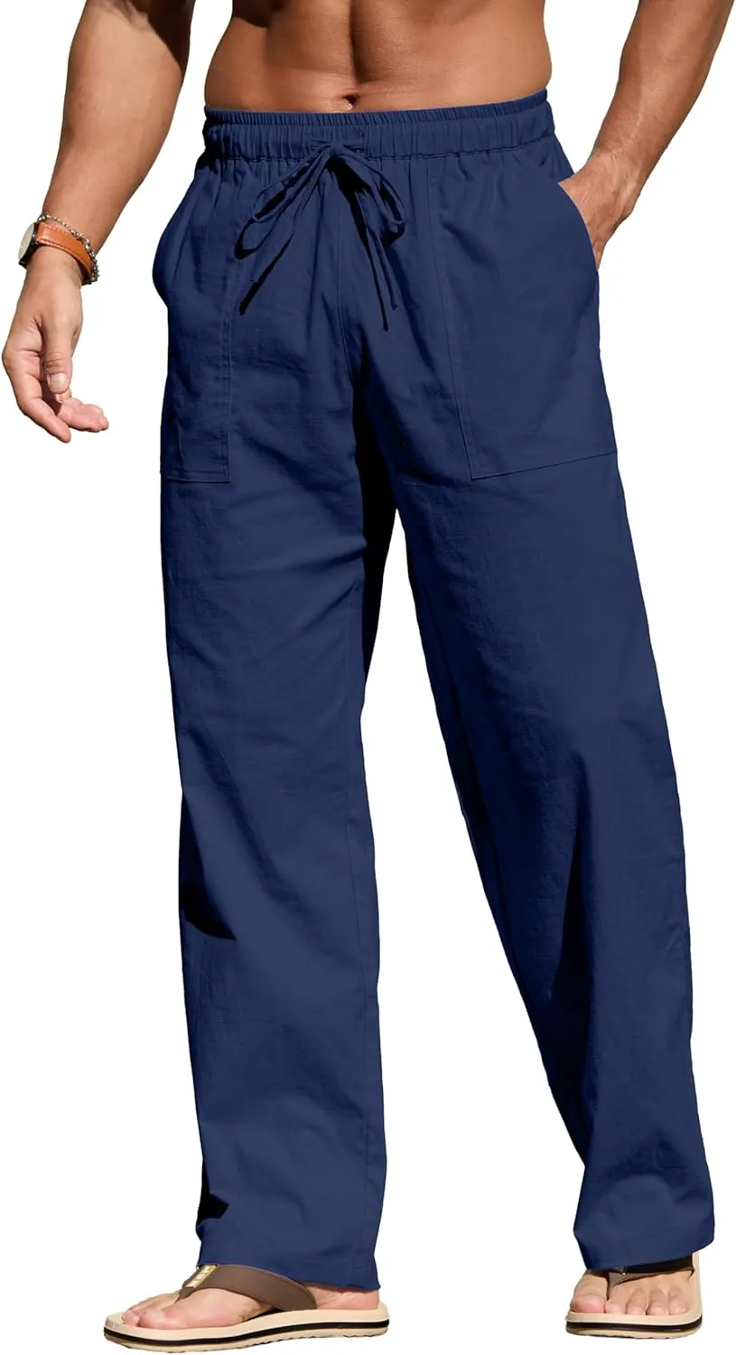Sailwind Men's Casual Linen Pants Beach Summer Elastic Waist Drawstring Pants Lightweight Linen Trousers