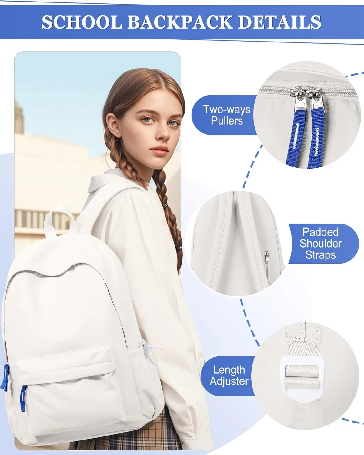 School Backpack for Teen Girls,Simple School Book Bag Waterproof High School Backpack for Boy Middle Student Bookbag College Backpack for Women Men Casual Daypack Travel Aesthetic Backpacks White