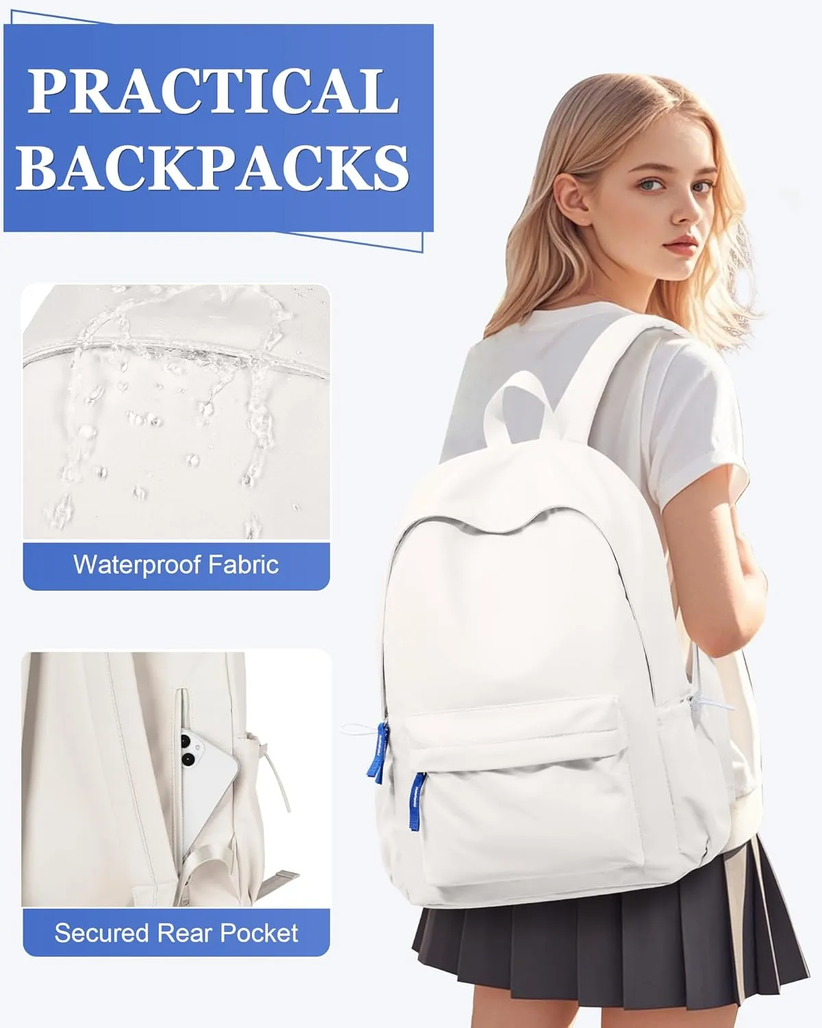 School Backpack for Teen Girls,Simple School Book Bag Waterproof High School Backpack for Boy Middle Student Bookbag College Backpack for Women Men Casual Daypack Travel Aesthetic Backpacks White