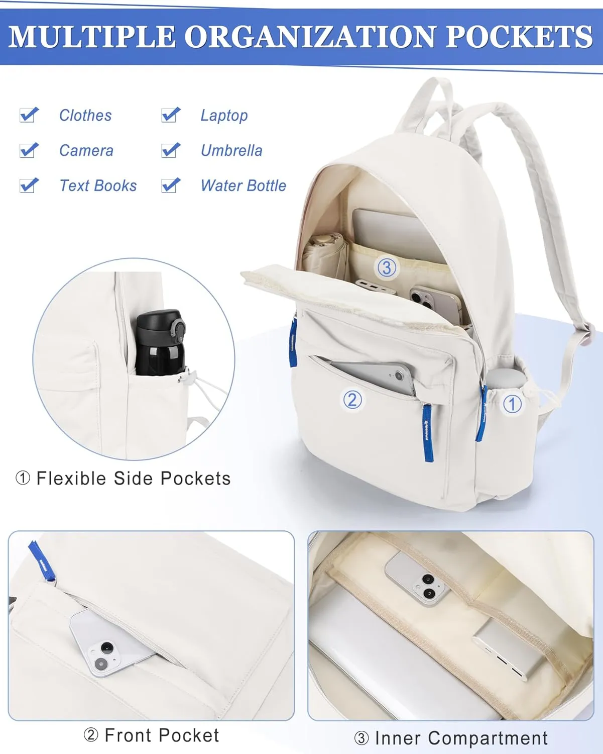 School Backpack for Teen Girls,Simple School Book Bag Waterproof High School Backpack for Boy Middle Student Bookbag College Backpack for Women Men Casual Daypack Travel Aesthetic Backpacks White