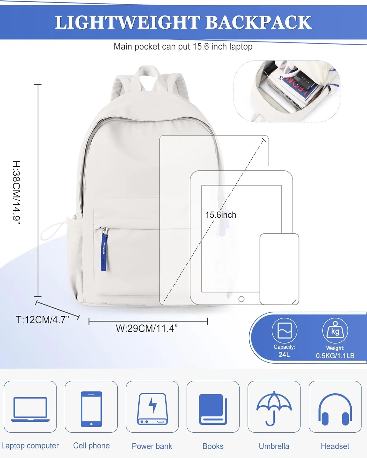 School Backpack for Teen Girls,Simple School Book Bag Waterproof High School Backpack for Boy Middle Student Bookbag College Backpack for Women Men Casual Daypack Travel Aesthetic Backpacks White