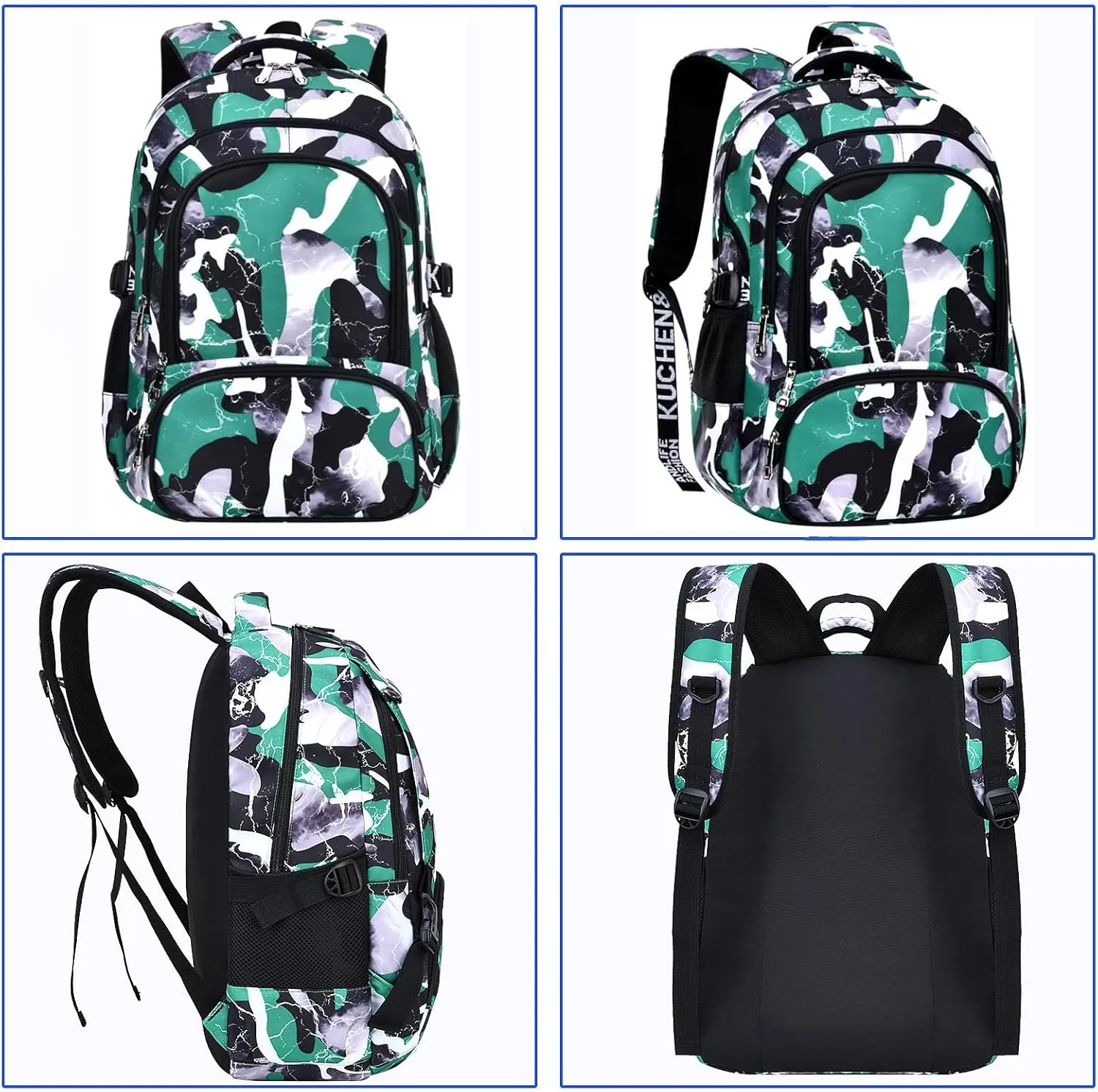 School Backpack Lunch Box Set Water Repellent Casual Daypack Lightweight Bookbags for Kids (A-style Camo Green)
