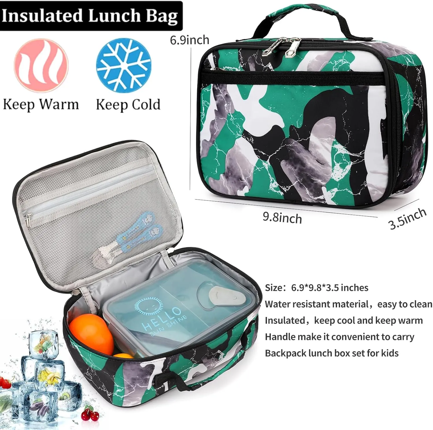 School Backpack Lunch Box Set Water Repellent Casual Daypack Lightweight Bookbags for Kids (A-style Camo Green)