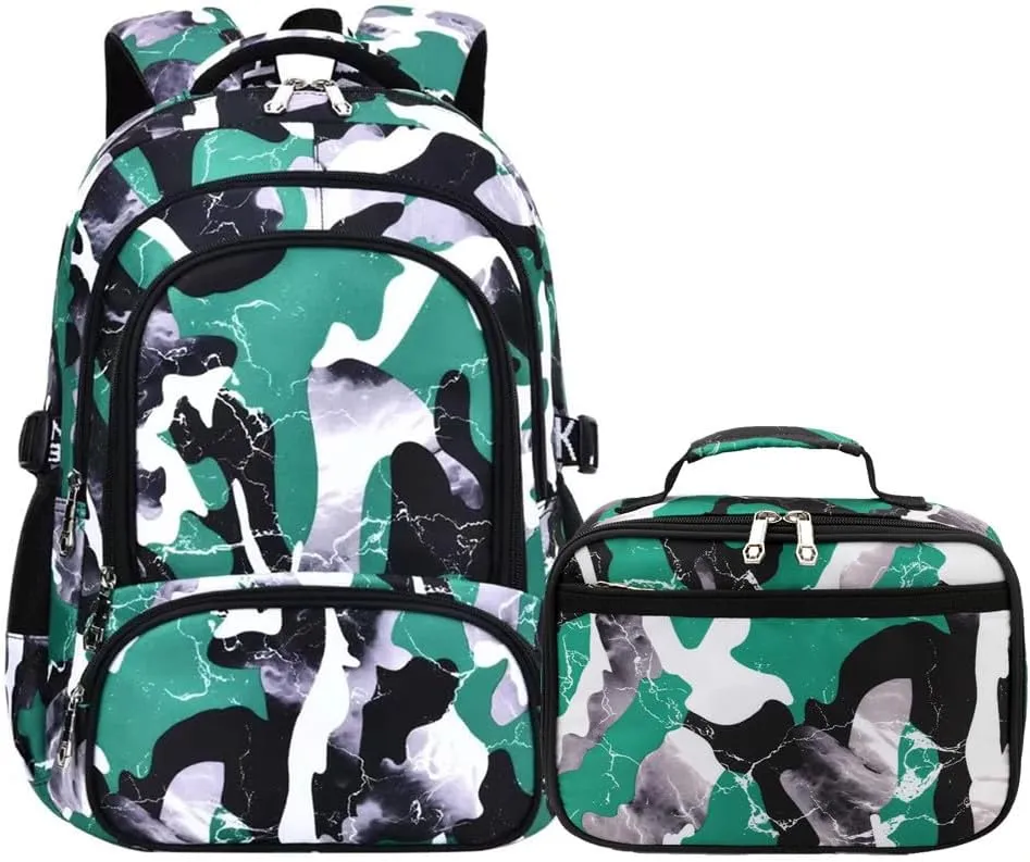 School Backpack Lunch Box Set Water Repellent Casual Daypack Lightweight Bookbags for Kids (A-style Camo Green)