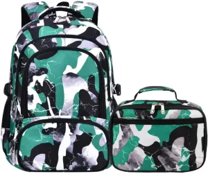 School Backpack Lunch Box Set Water Repellent Casual Daypack Lightweight Bookbags for Kids (A-style Camo Green)