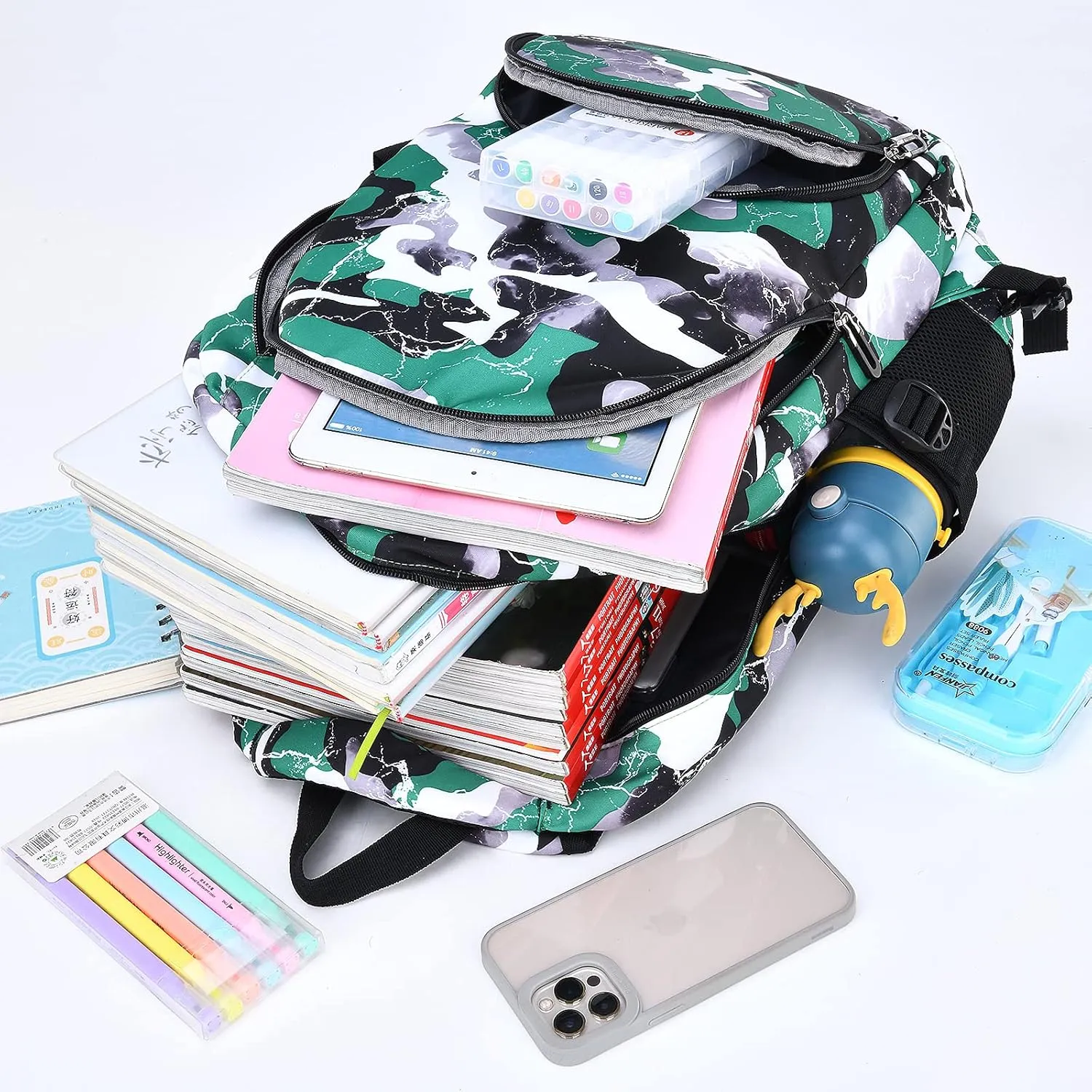 School Backpack Lunch Box Set Water Repellent Casual Daypack Lightweight Bookbags for Kids (A-style Camo Green)