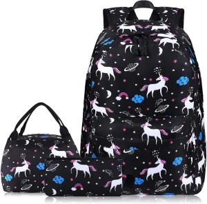 SCIONE Cute School Backpack for Girls, Teens School Bag with USB Charging Port Water-Resistant Black Canvas Bookbag, Preschool Daypack Elementary BackBag, Back to Shool Supplies Gifts for Kids