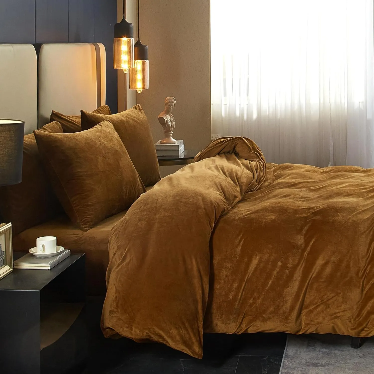 SE SOFTEXLY Velvet Duvet Cover Queen Size, Soft Flannel Duvet Cover with Zipper Solid Breathable Silky Velour Comforter Cover, Cozy Winter Duvet Cover Set with 2 Pillowcases, 90" x 90", Dark Khaki