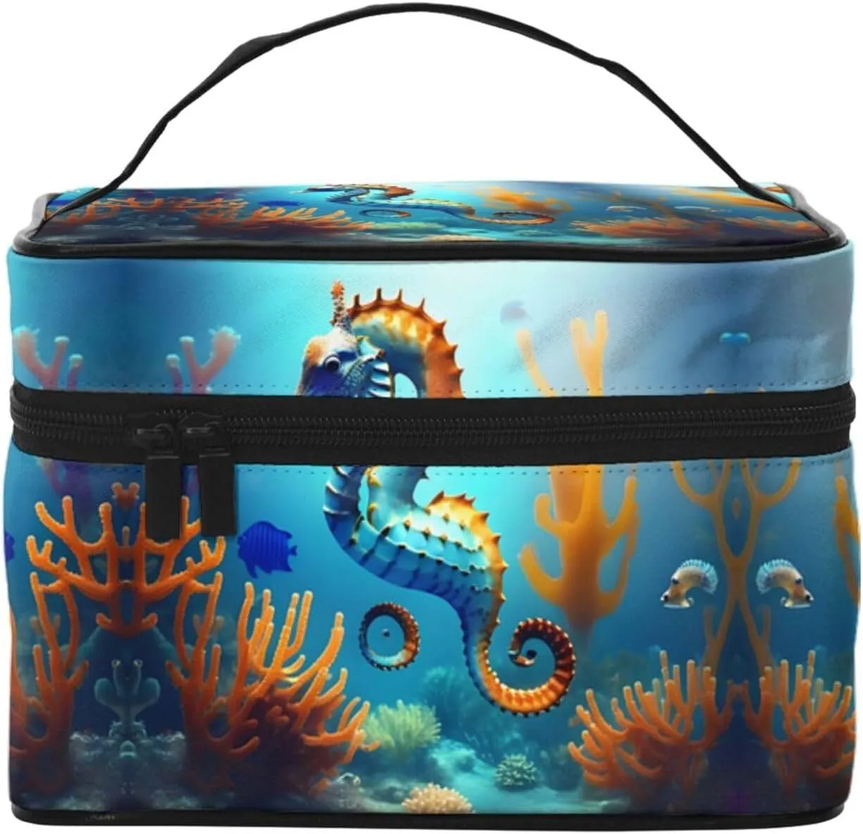 Seabed coral seahorse Women's Large Capacity Makeup Bag, Portable Travel Makeup Bag, (9x6.5x6.2 inches) Girls Large Makeup Bag Storage Bag
