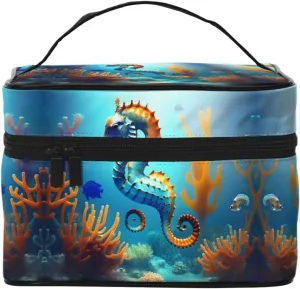 Seabed coral seahorse Women's Large Capacity Makeup Bag, Portable Travel Makeup Bag, (9x6.5x6.2 inches) Girls Large Makeup Bag Storage Bag