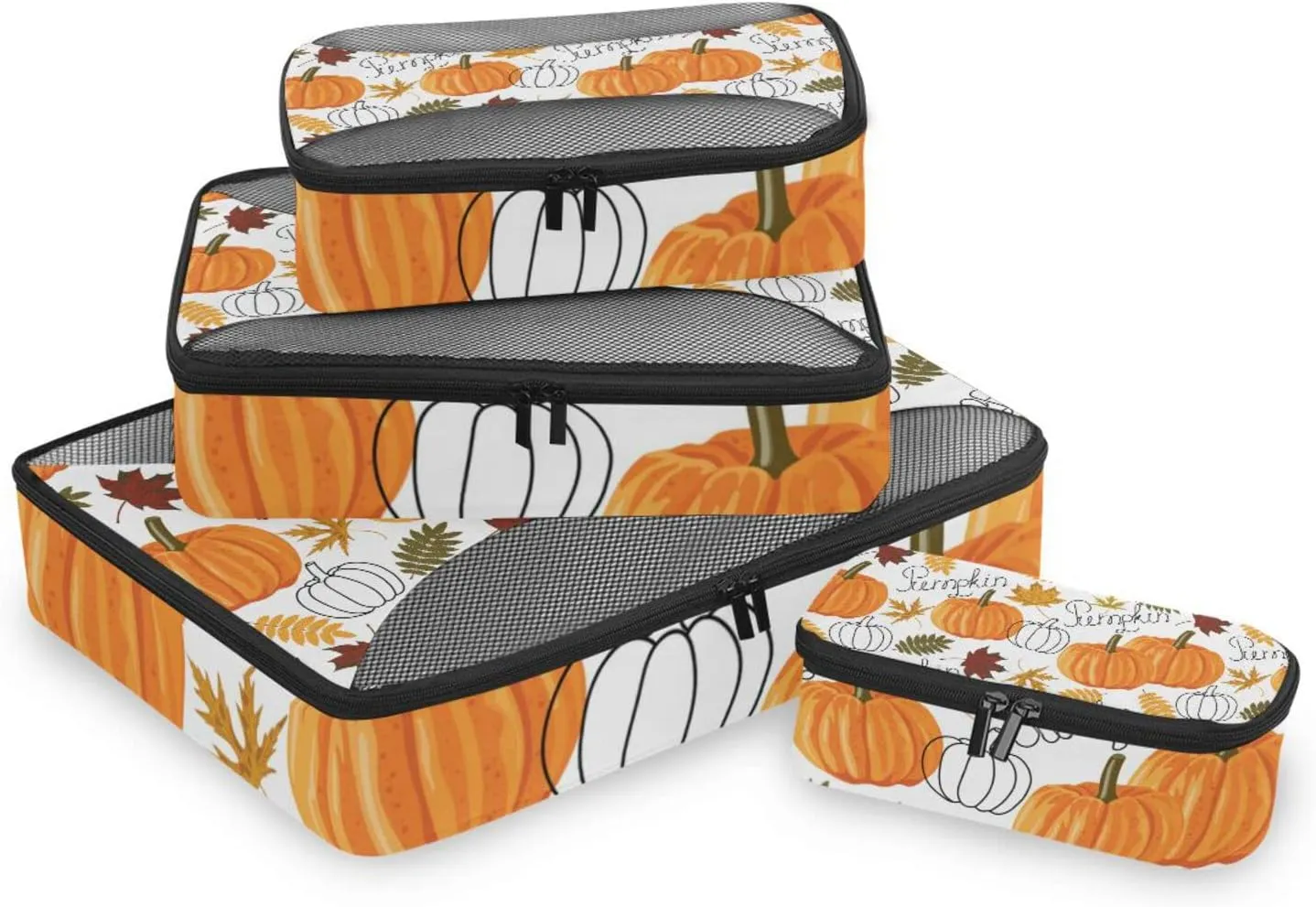 Seamless Autumn Leaves, Orange Pumpkins, Draft Pumpkins 4 PCs Set Packing Bags, Luggage Organizer Bag, Portable Cube Toiletry bag, Durable Travel Cosmetic Storage Bag for Men Women