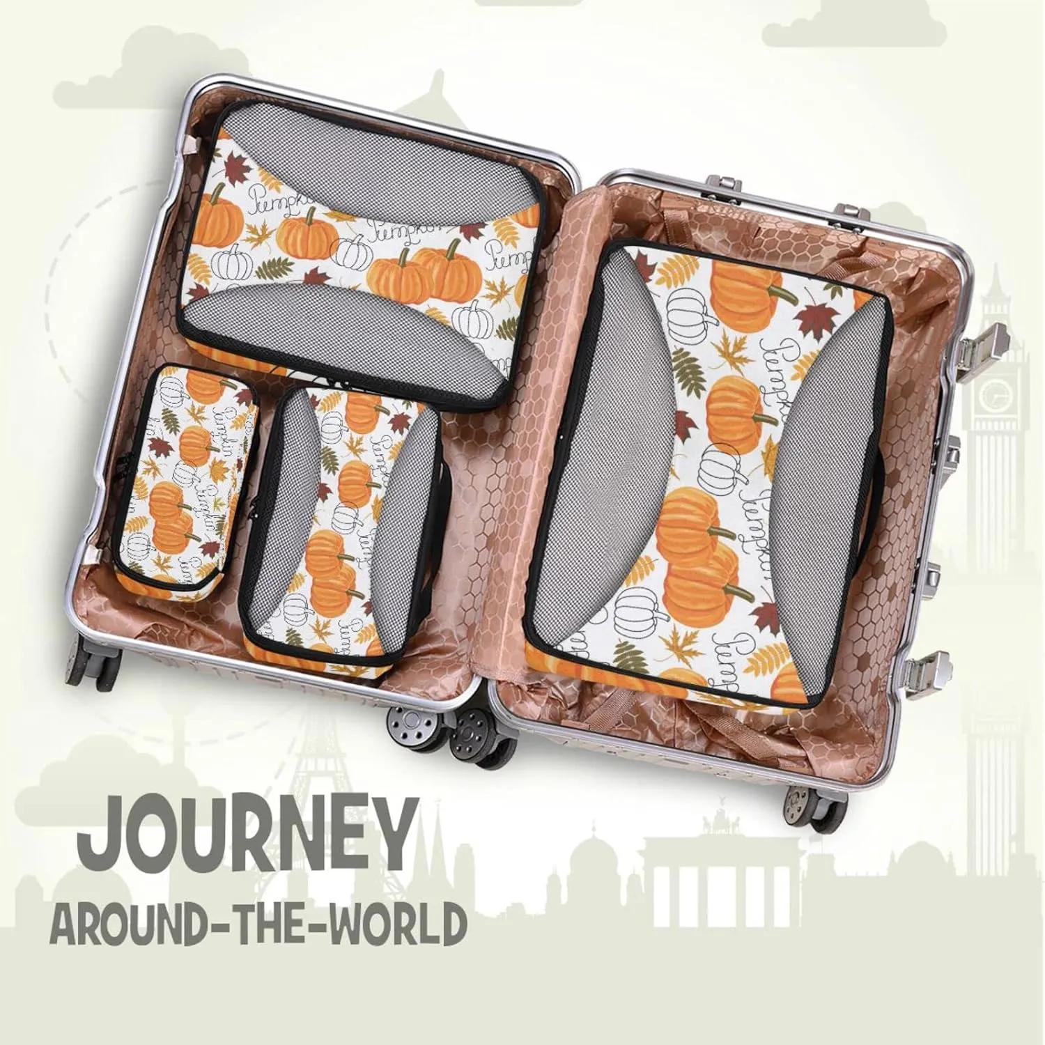 Seamless Autumn Leaves, Orange Pumpkins, Draft Pumpkins 4 PCs Set Packing Bags, Luggage Organizer Bag, Portable Cube Toiletry bag, Durable Travel Cosmetic Storage Bag for Men Women