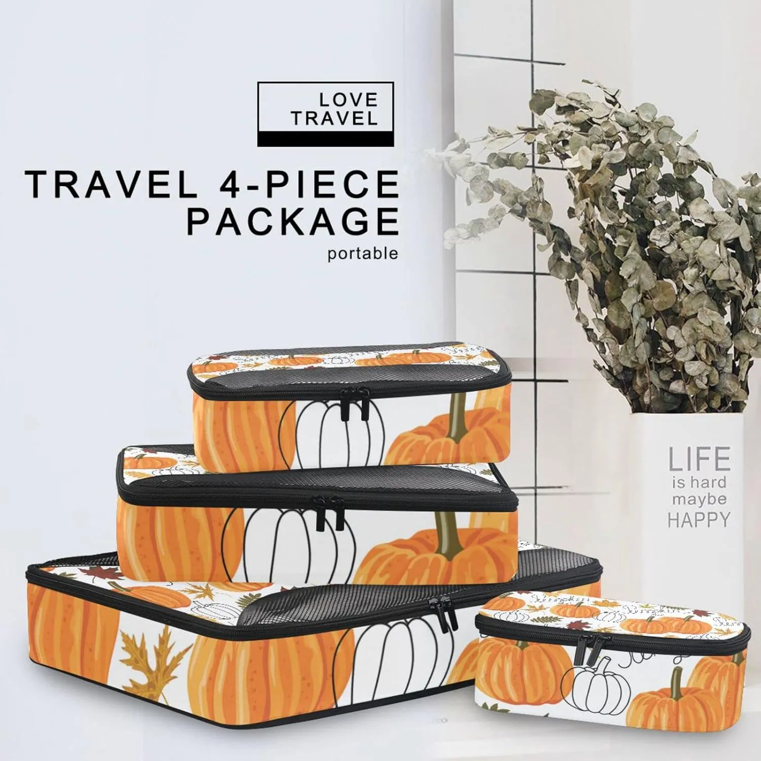 Seamless Autumn Leaves, Orange Pumpkins, Draft Pumpkins 4 PCs Set Packing Bags, Luggage Organizer Bag, Portable Cube Toiletry bag, Durable Travel Cosmetic Storage Bag for Men Women