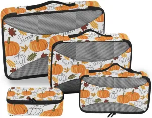 Seamless Autumn Leaves, Orange Pumpkins, Draft Pumpkins 4 PCs Set Packing Bags, Luggage Organizer Bag, Portable Cube Toiletry bag, Durable Travel Cosmetic Storage Bag for Men Women