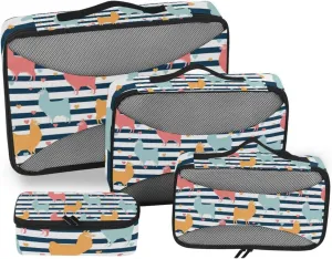 Seamless Colorful llamas with Black White Stripe Lines and Hearts 4 PCs Set Packing Bags, Luggage Organizer Bag, Portable Cube Toiletry bag, Durable Travel Cosmetic Storage Bag for Men Women