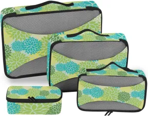 Seamless Floral Flowers with Green, Blue, Yellow and Cream Colors 4 PCs Set Packing Bags, Luggage Organizer Bag, Portable Cube Toiletry bag, Durable Travel Cosmetic Storage Bag for Men Women