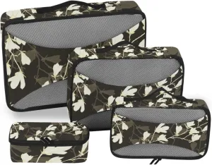 Seamless Magnolia Flowers with White Flowers Retro Vintage Style 4 PCs Set Packing Bags, Luggage Organizer Bag, Portable Cube Toiletry bag, Durable Travel Cosmetic Storage Bag for Men Women