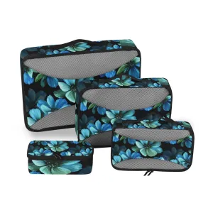 Seamless Mysterious Beautiful Blue Turquoise Flowers on Black 4 Set Packing Cubes, Travel Packing Organizers, 600D Oxford Cloth Toiletry Storage Bag, Luggage Mesh Bags for Accessories
