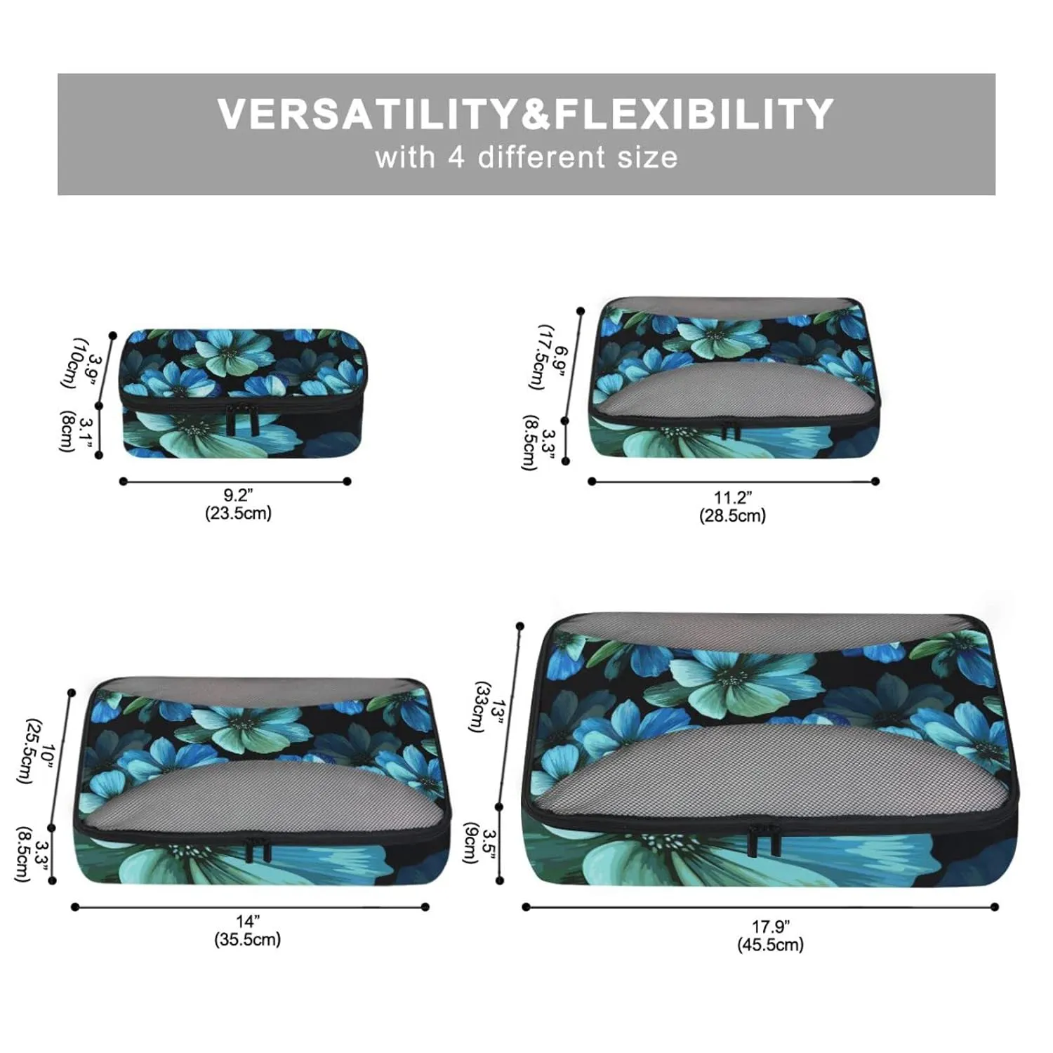 Seamless Mysterious Beautiful Blue Turquoise Flowers on Black 4 Set Packing Cubes, Travel Packing Organizers, 600D Oxford Cloth Toiletry Storage Bag, Luggage Mesh Bags for Accessories