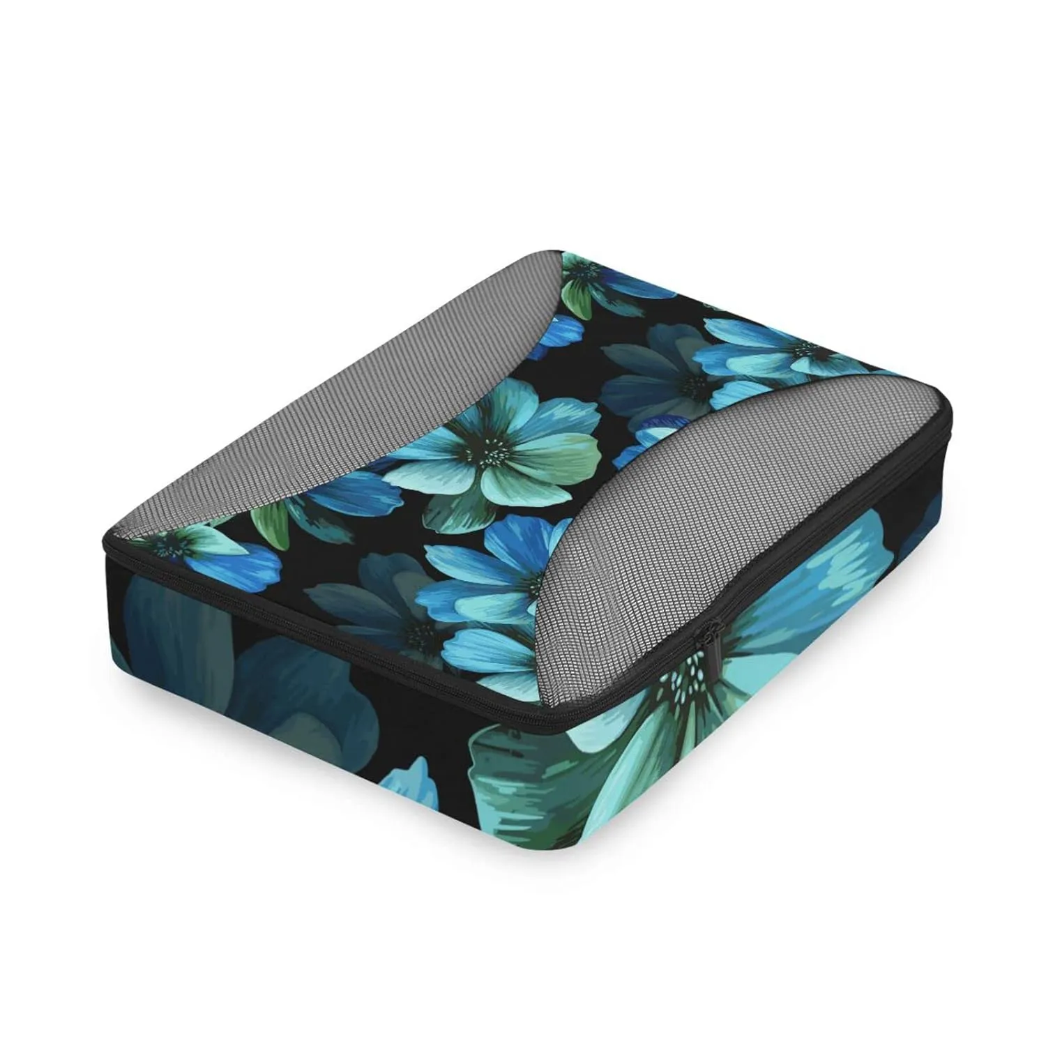 Seamless Mysterious Beautiful Blue Turquoise Flowers on Black 4 Set Packing Cubes, Travel Packing Organizers, 600D Oxford Cloth Toiletry Storage Bag, Luggage Mesh Bags for Accessories