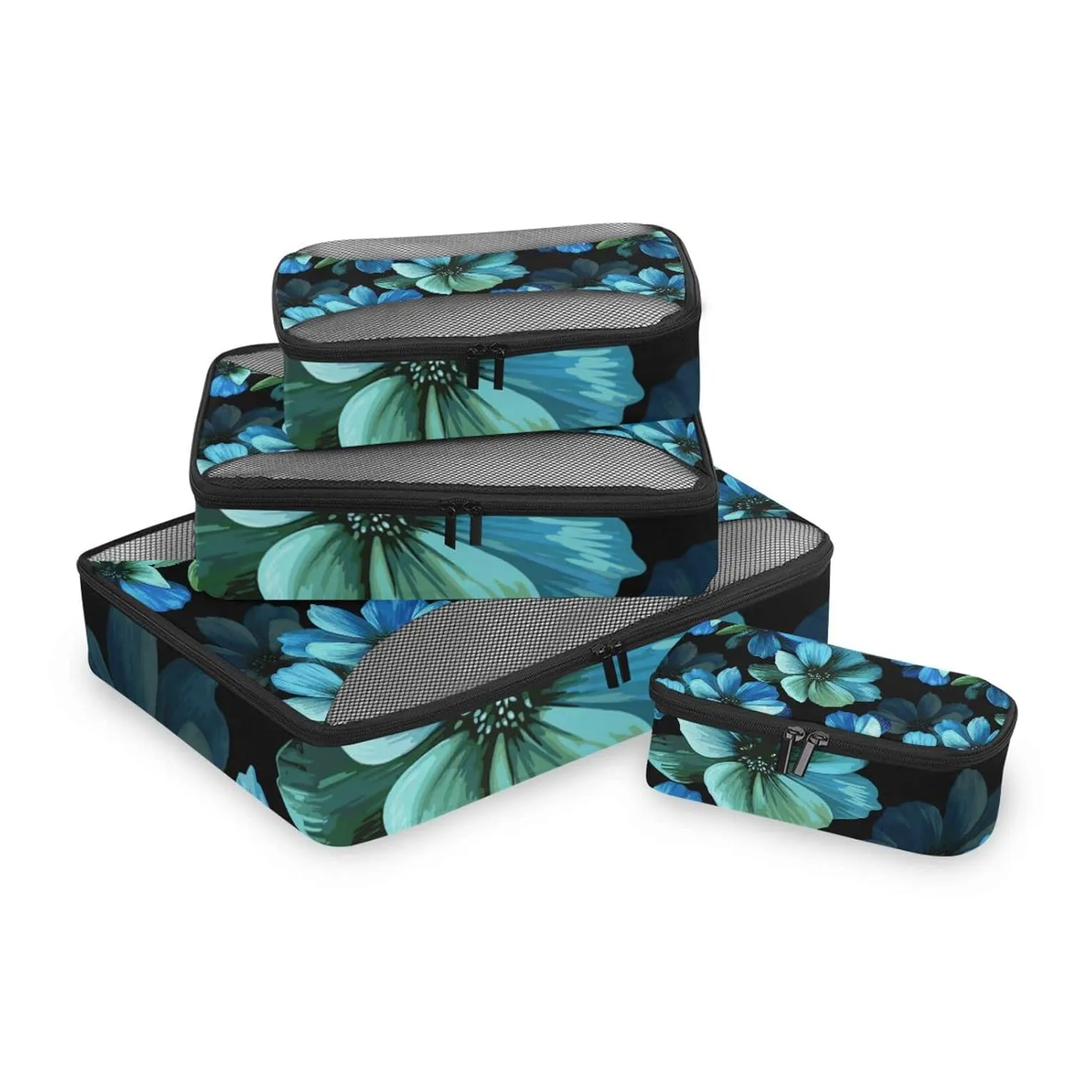 Seamless Mysterious Beautiful Blue Turquoise Flowers on Black 4 Set Packing Cubes, Travel Packing Organizers, 600D Oxford Cloth Toiletry Storage Bag, Luggage Mesh Bags for Accessories