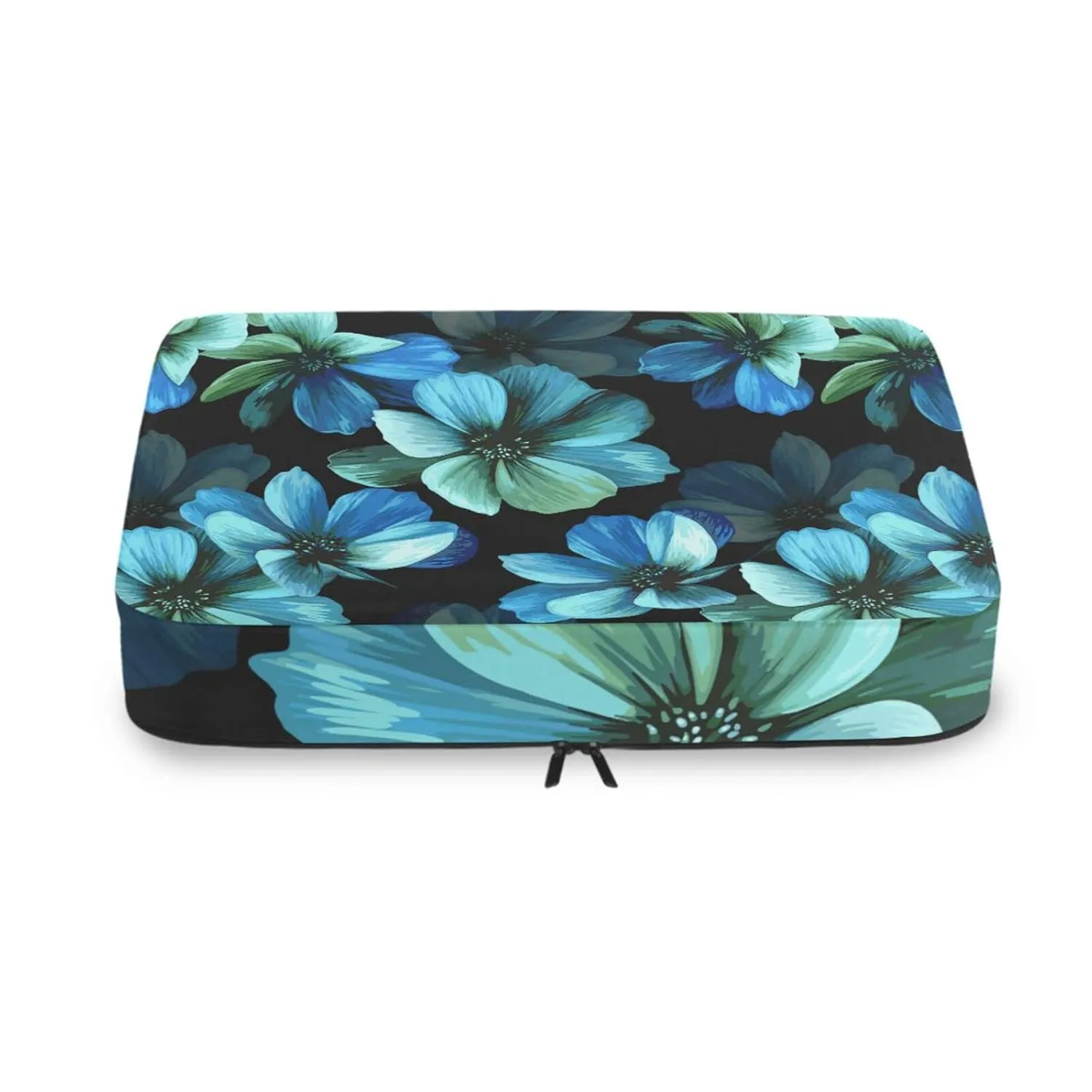 Seamless Mysterious Beautiful Blue Turquoise Flowers on Black 4 Set Packing Cubes, Travel Packing Organizers, 600D Oxford Cloth Toiletry Storage Bag, Luggage Mesh Bags for Accessories