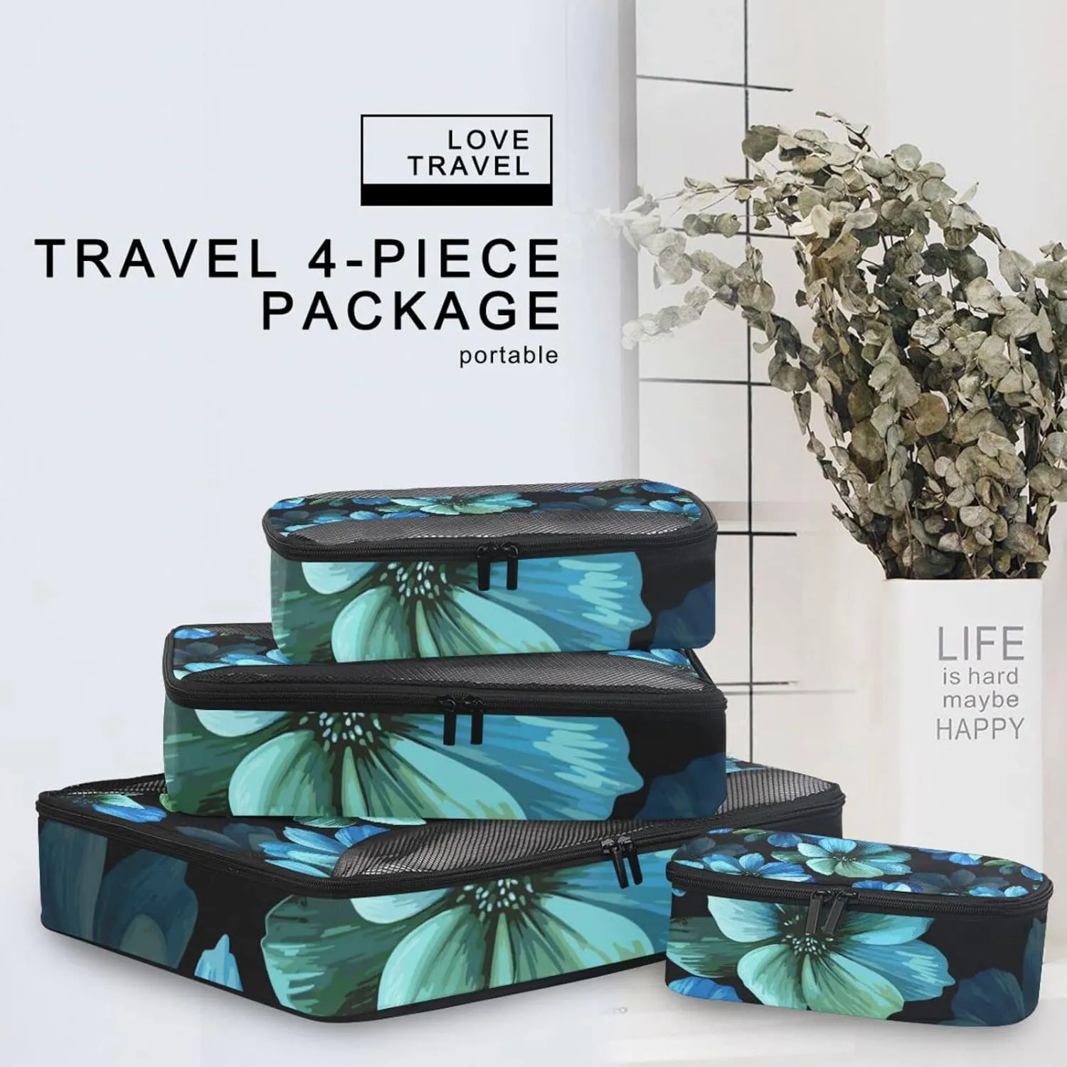 Seamless Mysterious Beautiful Blue Turquoise Flowers on Black 4 Set Packing Cubes, Travel Packing Organizers, 600D Oxford Cloth Toiletry Storage Bag, Luggage Mesh Bags for Accessories