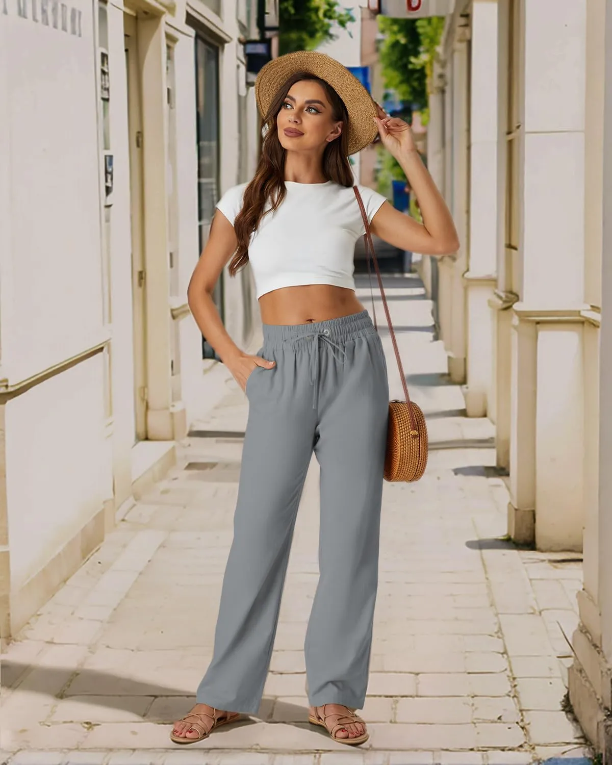 SEMARO Womens Casual Linen High Waist Pants Drawstring Loose Fit Summer Pants Trousers with Side Pockets