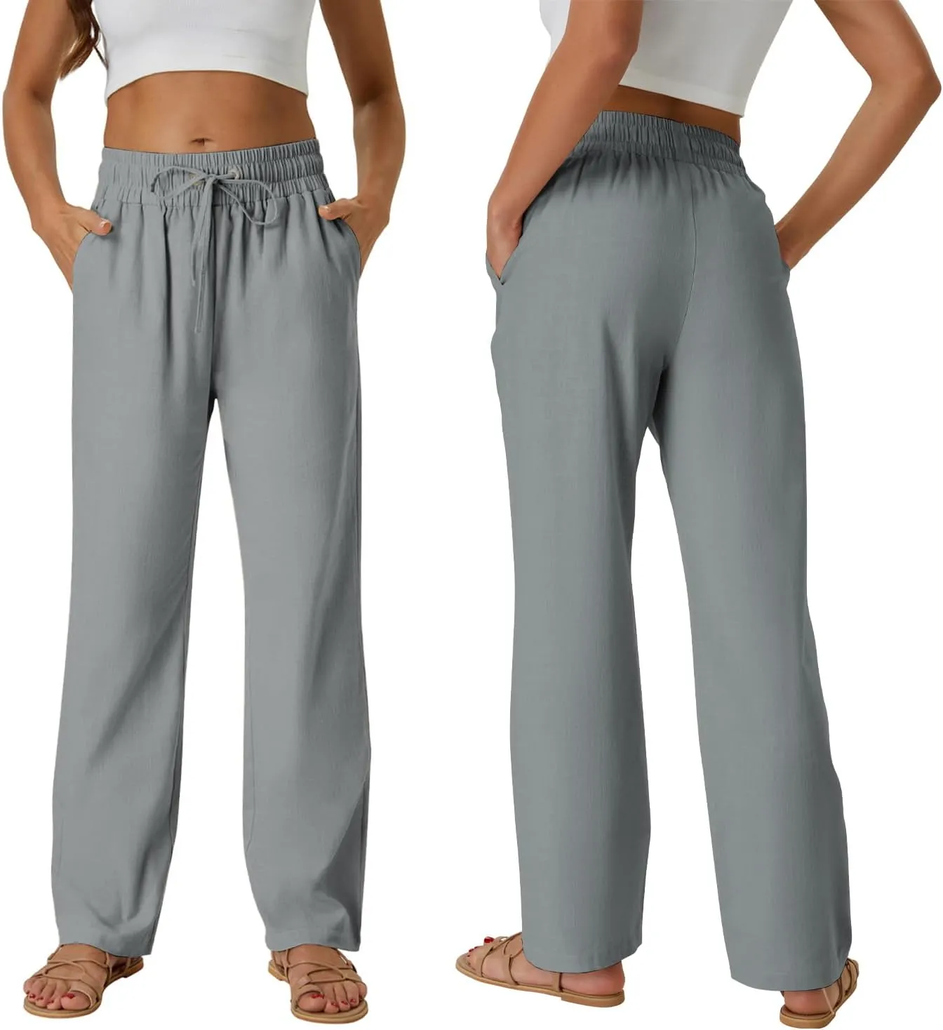 SEMARO Womens Casual Linen High Waist Pants Drawstring Loose Fit Summer Pants Trousers with Side Pockets