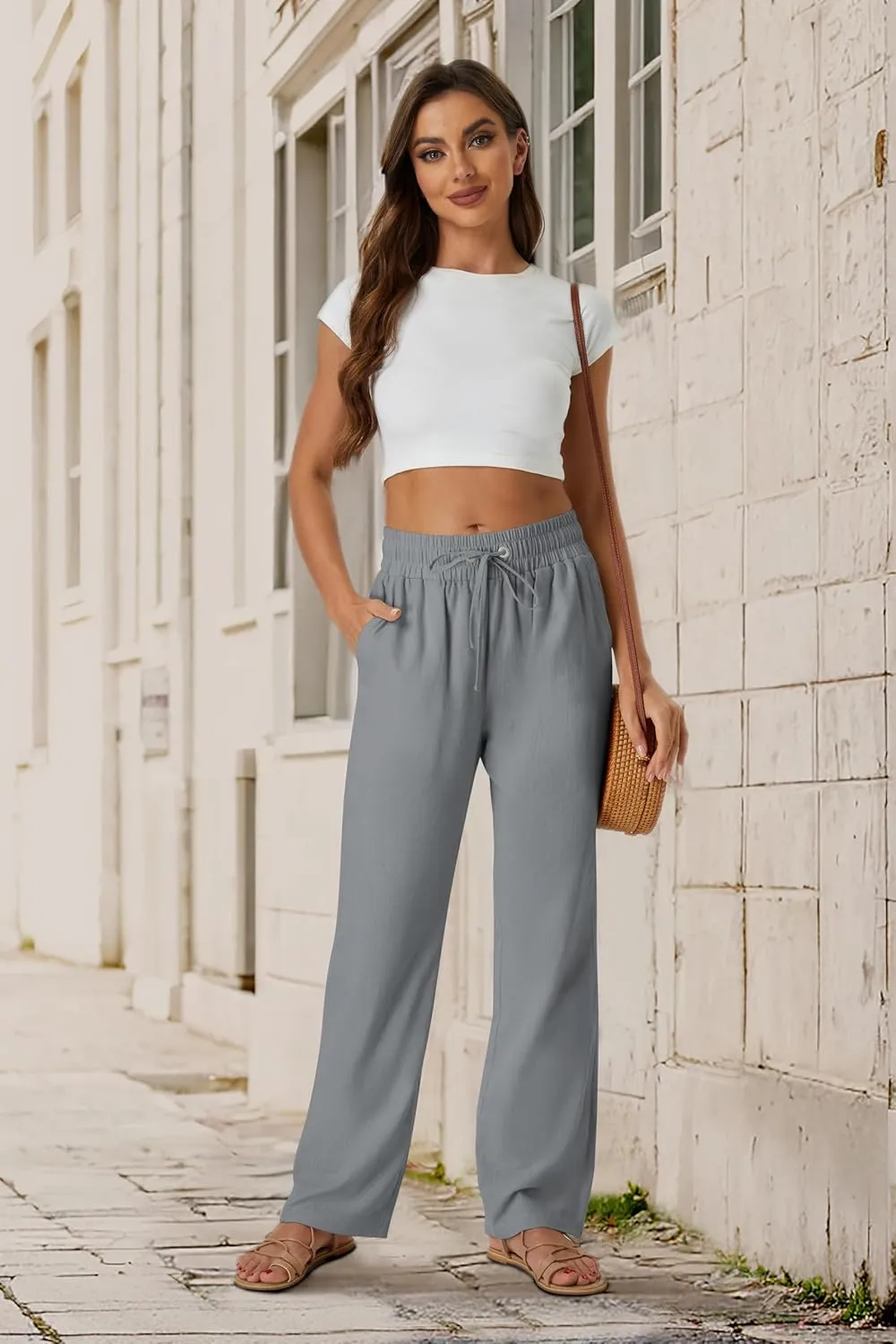 SEMARO Womens Casual Linen High Waist Pants Drawstring Loose Fit Summer Pants Trousers with Side Pockets