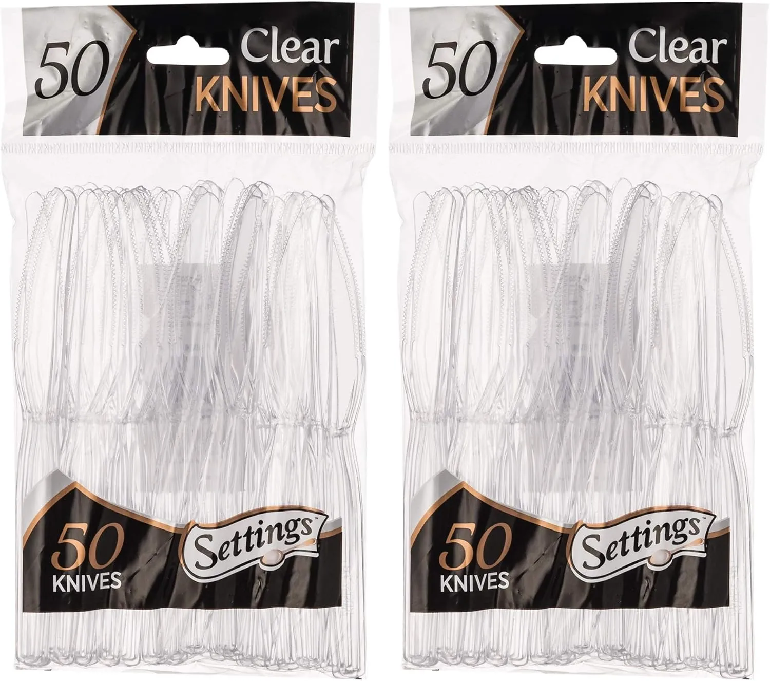 Settings [100 Count] Plastic Clear Knives, Heavyweight Disposable Cutlery, Great For Home, Office, School, Party, Picnics, Restaurant, Take-out Fast Food, Outdoor Events, Or Every Day Use, 2 Bags