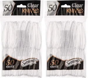 Settings [100 Count] Plastic Clear Knives, Heavyweight Disposable Cutlery, Great For Home, Office, School, Party, Picnics, Restaurant, Take-out Fast Food, Outdoor Events, Or Every Day Use, 2 Bags