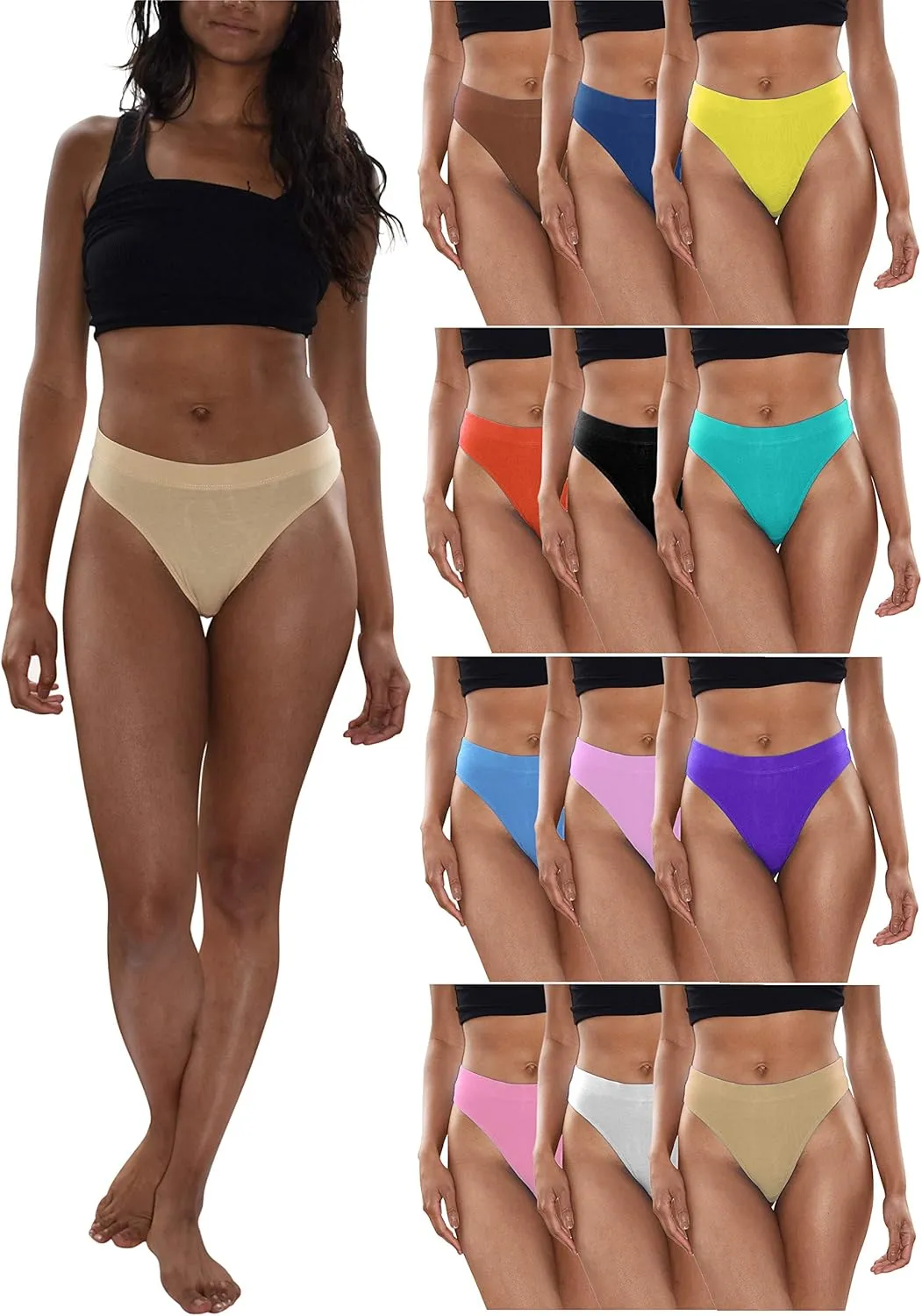 Sexy Basics Women's Active Sport Thongs | Cotton Hi Waist Underwear - Multi Packs