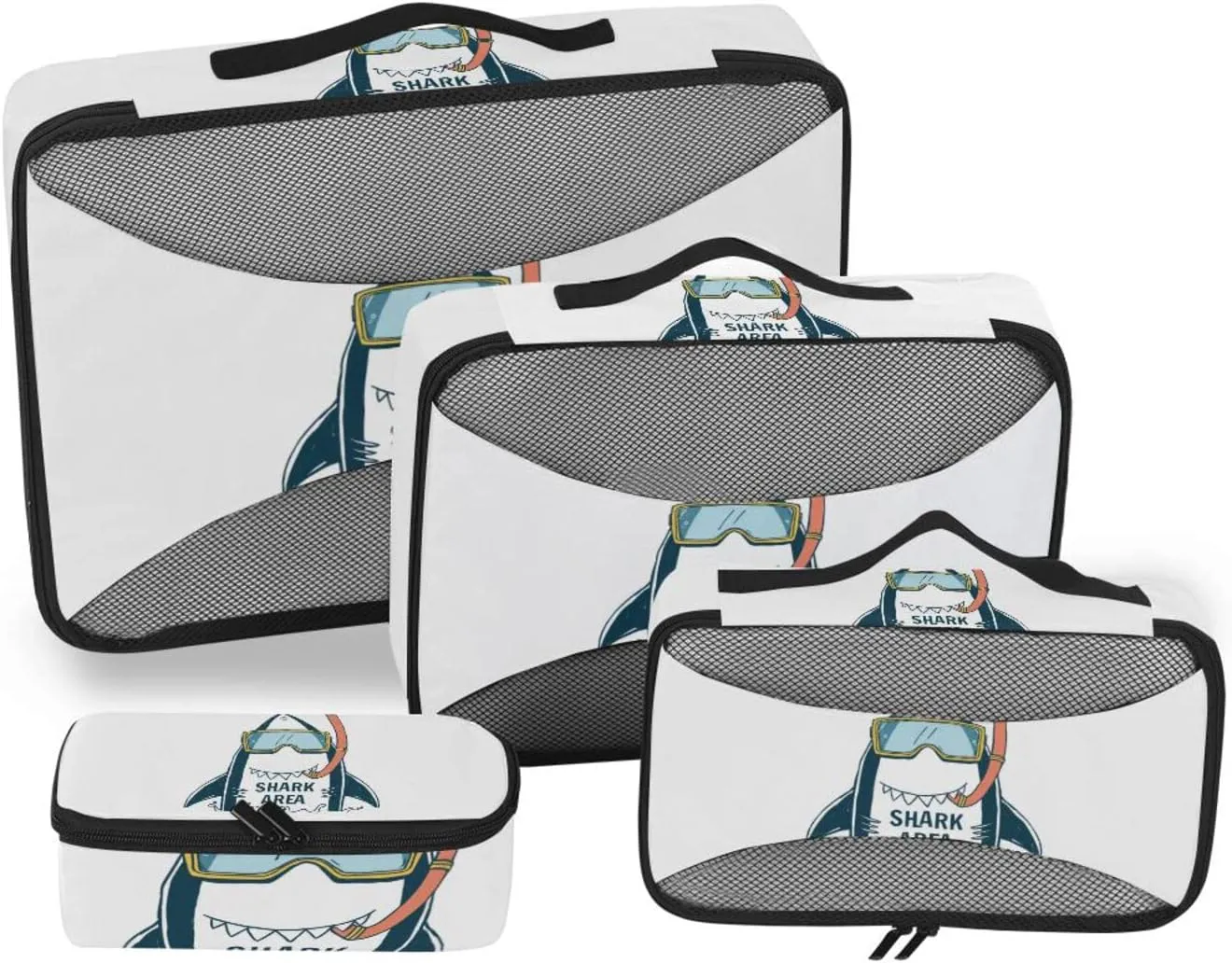 Shark Area with Turquoise Diving Sunglasses on White 4 PCs Set Packing Bags, Luggage Organizer Bag, Portable Cube Toiletry bag, Durable Travel Cosmetic Storage Bag for Men Women