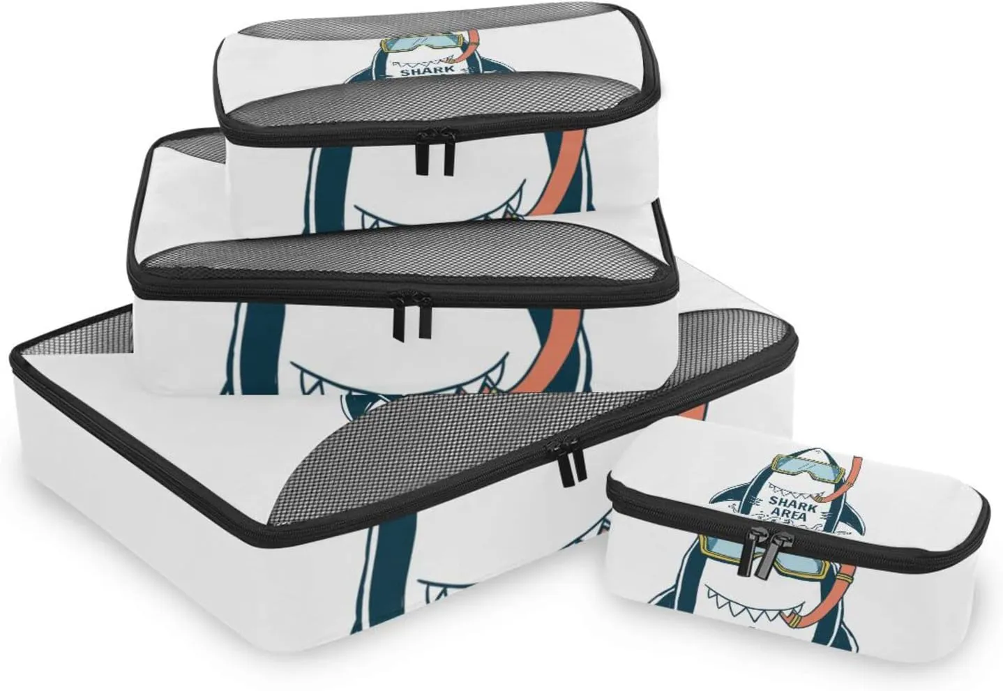Shark Area with Turquoise Diving Sunglasses on White 4 PCs Set Packing Bags, Luggage Organizer Bag, Portable Cube Toiletry bag, Durable Travel Cosmetic Storage Bag for Men Women