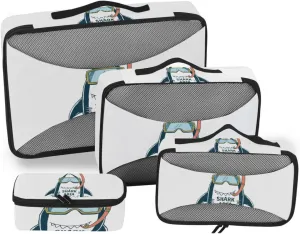 Shark Area with Turquoise Diving Sunglasses on White 4 PCs Set Packing Bags, Luggage Organizer Bag, Portable Cube Toiletry bag, Durable Travel Cosmetic Storage Bag for Men Women