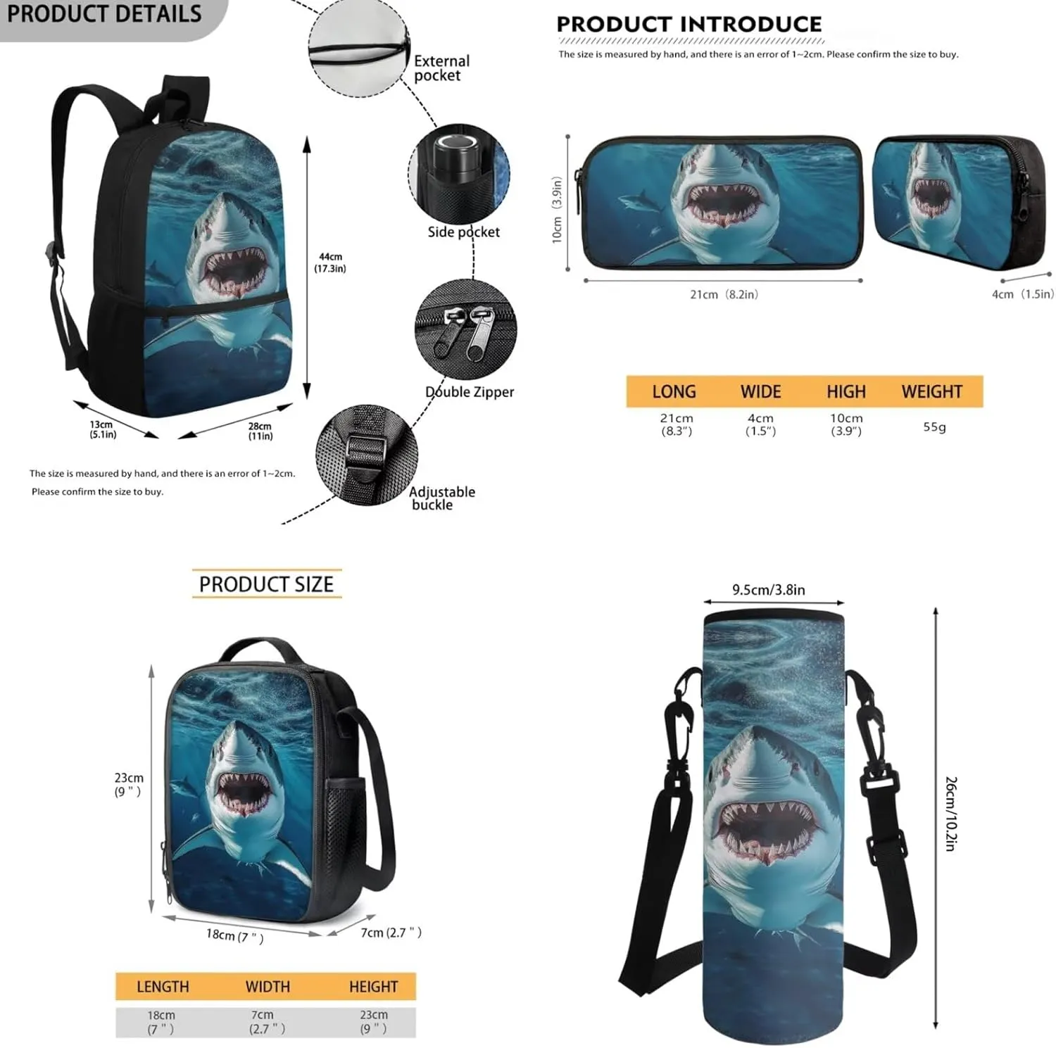Shark Backpack for Boys with Lunch Box Kids School Bag and Lunch Bag Pencil Case Water Bottle Holder Set of 4 School Accessories Back to School Supplies