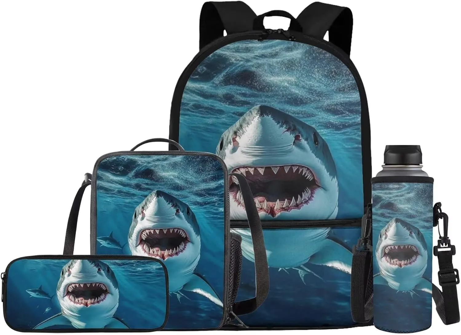 Shark Backpack for Boys with Lunch Box Kids School Bag and Lunch Bag Pencil Case Water Bottle Holder Set of 4 School Accessories Back to School Supplies