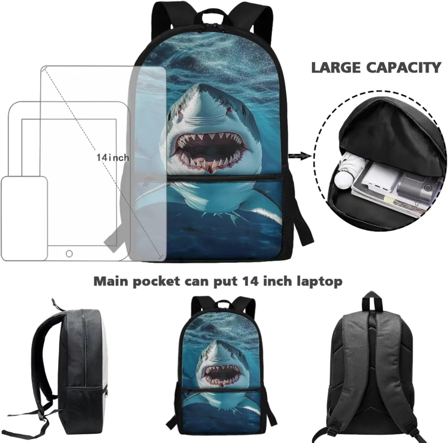 Shark Backpack for Boys with Lunch Box Kids School Bag and Lunch Bag Pencil Case Water Bottle Holder Set of 4 School Accessories Back to School Supplies