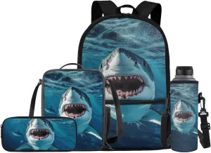 Shark Backpack for Boys with Lunch Box Kids School Bag and Lunch Bag Pencil Case Water Bottle Holder Set of 4 School Accessories Back to School Supplies
