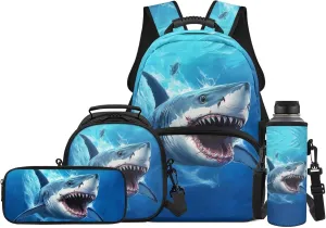 Shark Backpack for Girls School Bags with Lunch Bag Pencil Case and Water Bottle Holder Children Bookbag Purse Large Capacity School Supplies 4 in 1