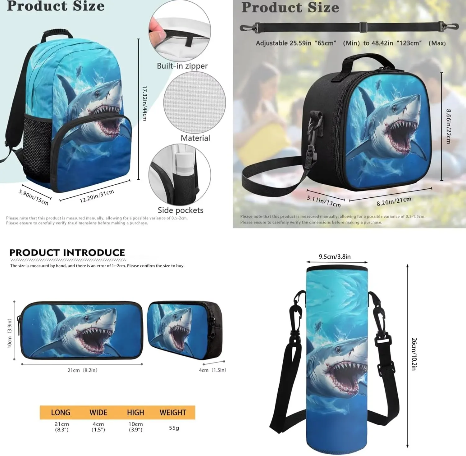 Shark Backpack for Girls School Bags with Lunch Bag Pencil Case and Water Bottle Holder Children Bookbag Purse Large Capacity School Supplies 4 in 1