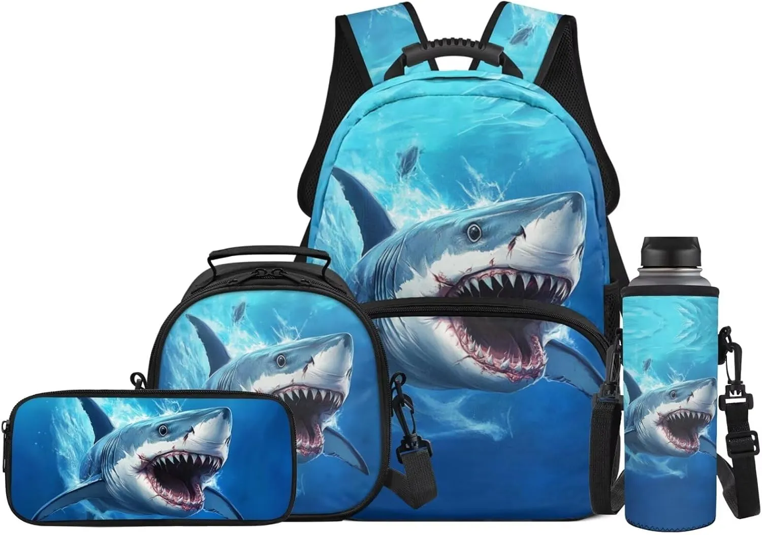 Shark Backpack for Girls School Bags with Lunch Bag Pencil Case and Water Bottle Holder Children Bookbag Purse Large Capacity School Supplies 4 in 1