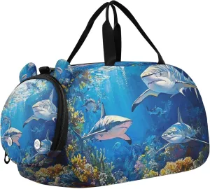 Sharks Swimming in A Coral Reef Sports Duffle Bag for Kids Girls Boys, Gym Bag with Shoe Compartment, Kids Travel Overnight Weekender Shoulder Bag