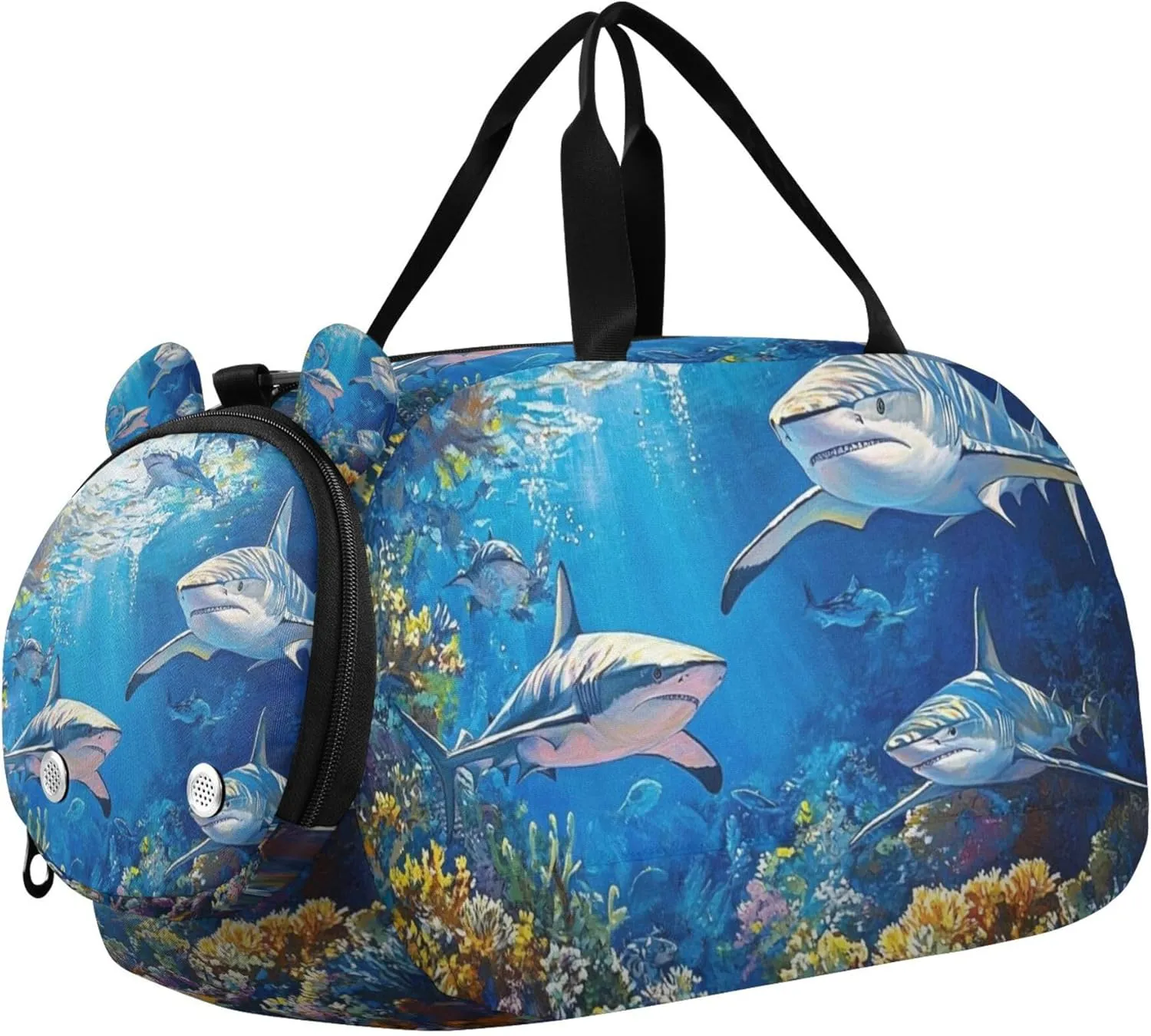 Sharks Swimming in A Coral Reef Sports Duffle Bag for Kids Girls Boys, Gym Bag with Shoe Compartment, Kids Travel Overnight Weekender Shoulder Bag