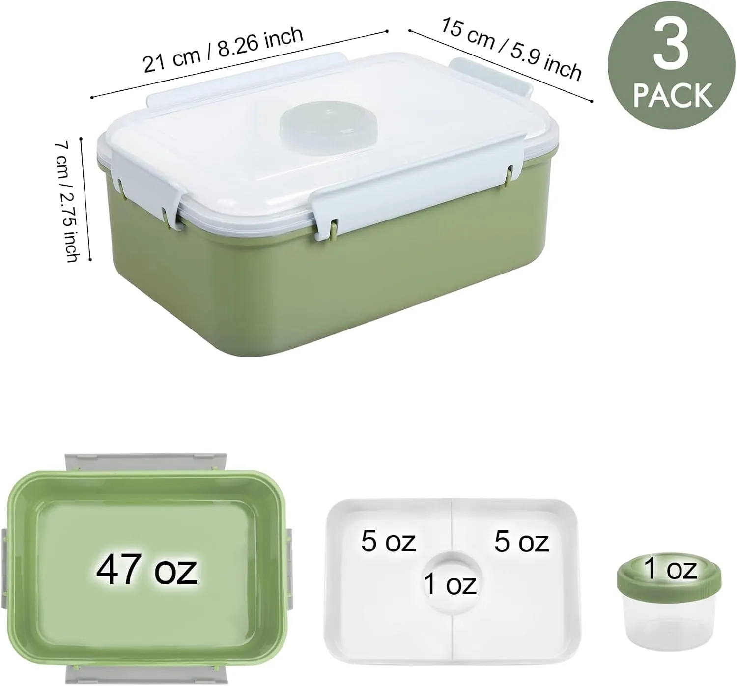 Shopwithgreen Set of 3 Salad Food Storage Container To Go, School & Travel,Food Prep Storage Containers with Lids (Khaki Green&Khaki Green&Khaki Green)