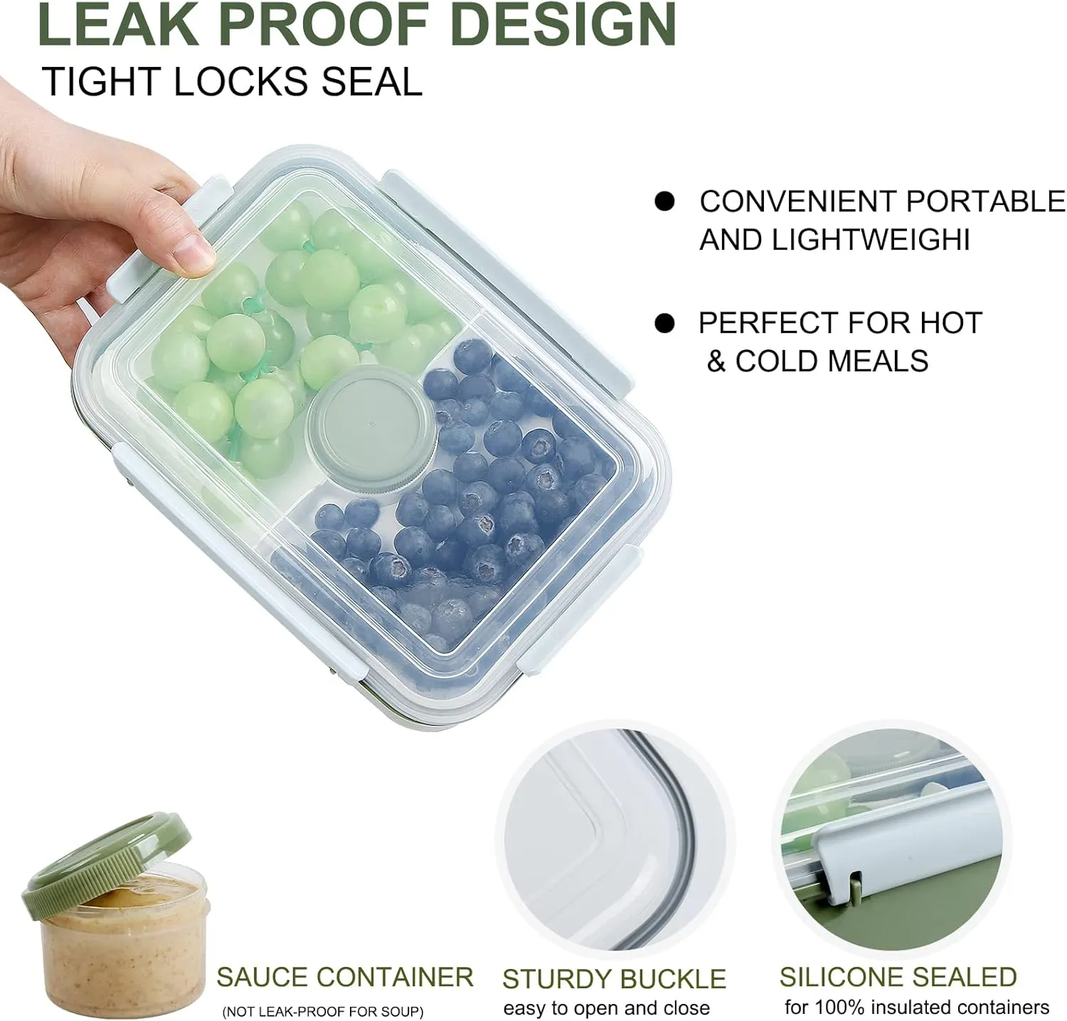 Shopwithgreen Set of 3 Salad Food Storage Container To Go, School & Travel,Food Prep Storage Containers with Lids (Khaki Green&Khaki Green&Khaki Green)
